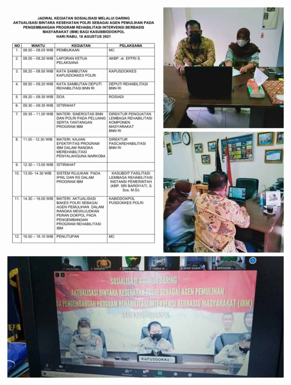 Sosialisasi Aktualisasi Bintara Kesehatan Polri sebagai Agen Pemulihan pada pengembangan Program Intervensi Berbasis Masyarakat (IBM) bagi Kasubiddokpol secara virtual