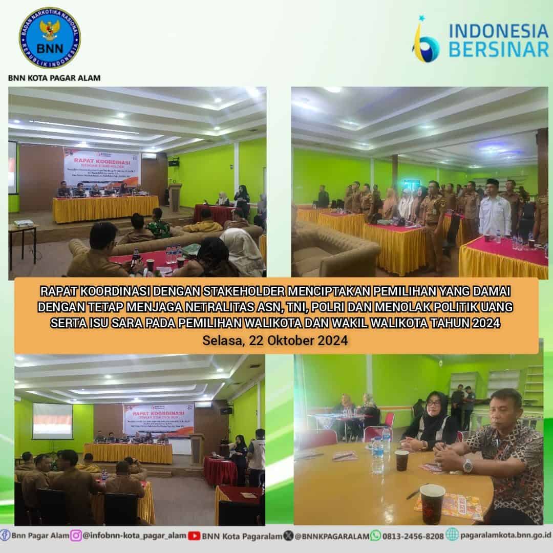 Rapat Koordinasi dengan Stakeholder Menciptakan Pemilihan yang Damai dengan Tetap Menjaga Netralitas ASN, TNI, POLRI dan Menolak Politik Uang serta Isu Sara pada Pemilihan Walikota dan Wakil Walikota Tahun 2024 Rapat Koordinasi dengan Stakeholder Menciptakan Pemilihan yang Damai dengan Tetap Menjaga Netralitas ASN, TNI, POLRI dan Menolak Politik Uang serta Isu Sara pada Pemilihan Walikota dan Wakil Walikota Tahun 2024